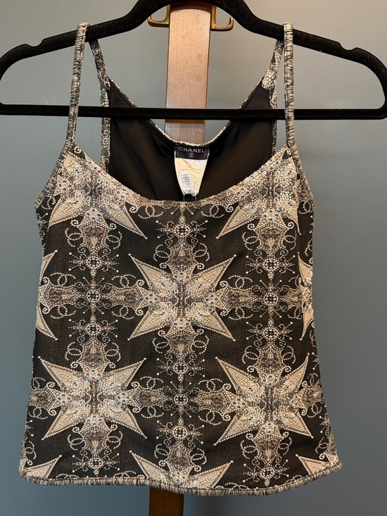 CHANEL Tops - CHANEL Black and White Beaded Star-Pattern Camisole 06P FR 38